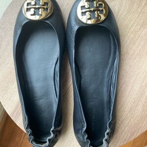 Tory Burch Black Flats with Gold Emblem